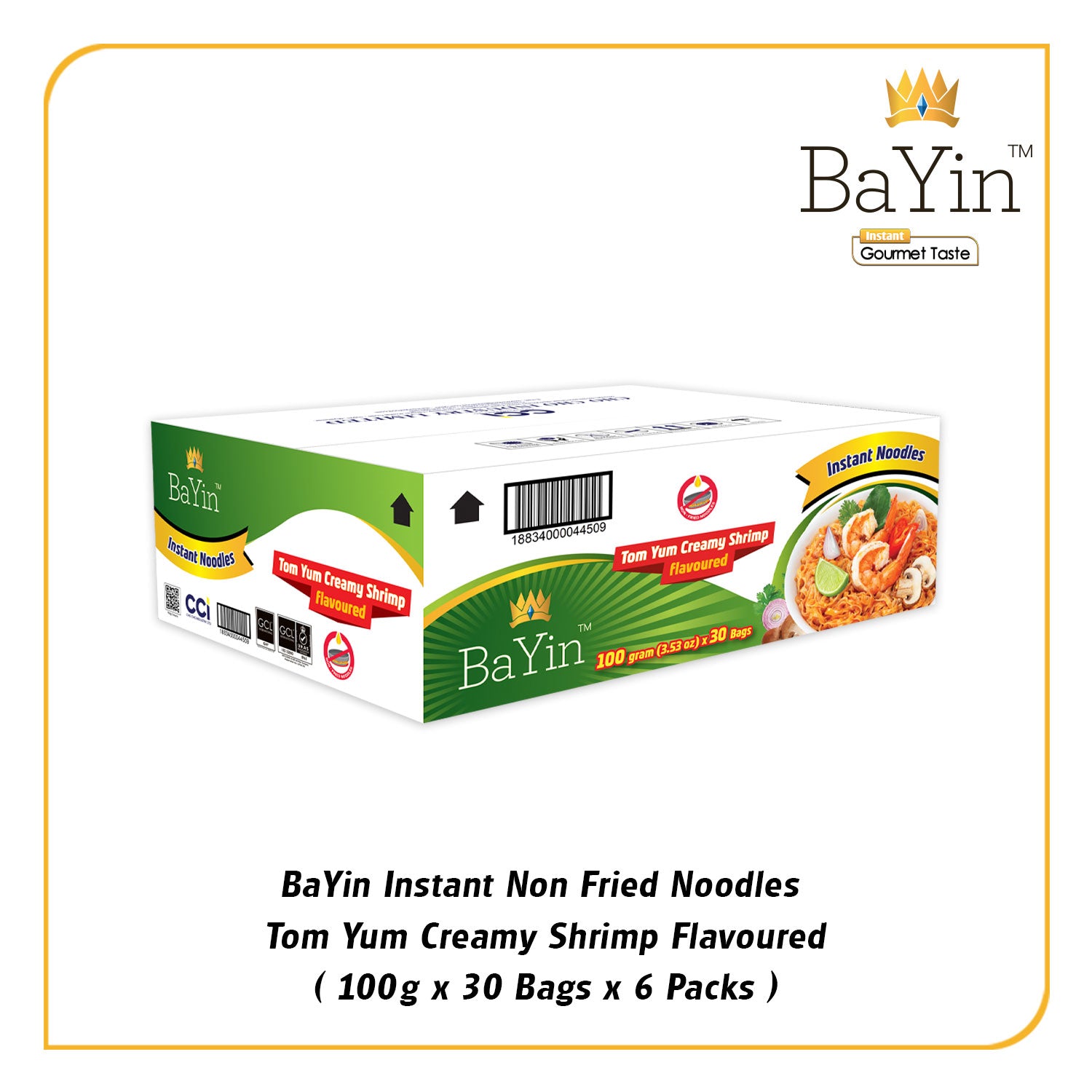 BaYin - Tom Yum Creamy Shrimp Flavored Instant Noodle (100gx30bags) Dry (30 Bags/Box)
