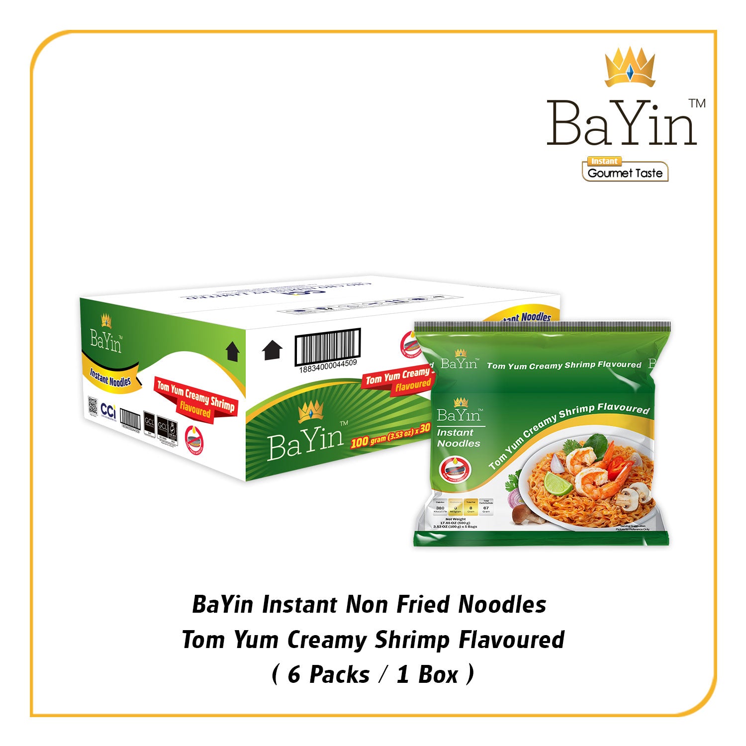 BaYin - Tom Yum Creamy Shrimp Flavored Instant Noodle (100gx30bags) Dry (30 Bags/Box)